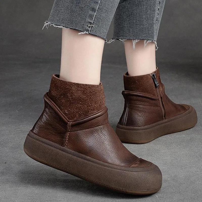 

2025 Winter Genuine Leather Ankle Boots Round Toe Handmade Lady Soft Flat Shoes Comfortable Side Zip Ankle Boots