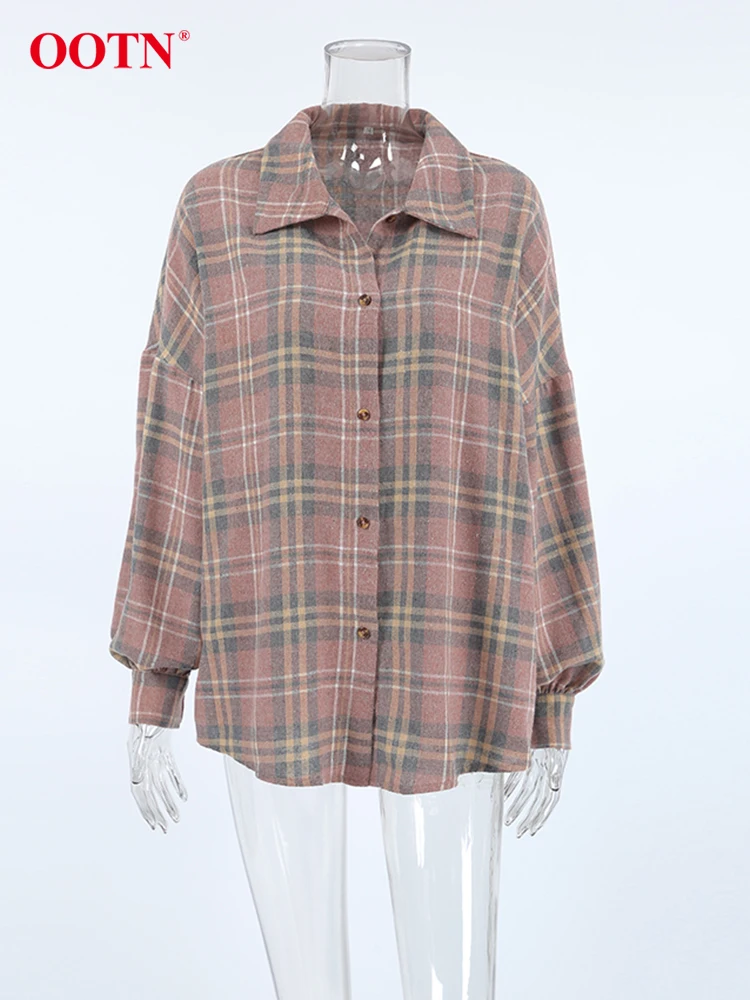 OOTN Casual Pink Plaid Shirts Blouses Female Summer Long Sleeve Striped Loose Tops Streetwear Single Breasted Shirts Coats Women