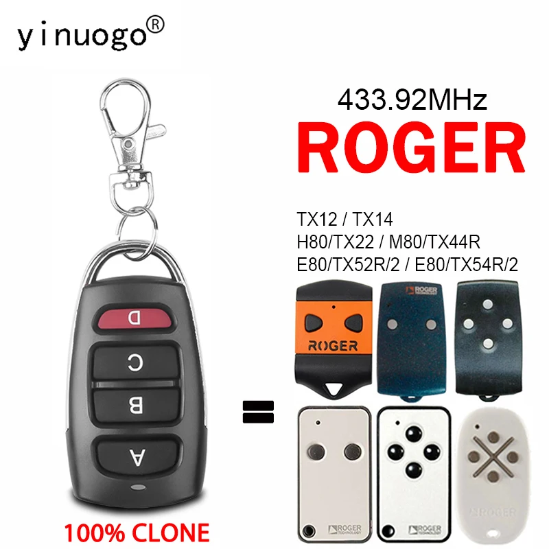 ROGER TX12 TX14 H80 TX22 M80 TX44R E80 TX52R/2 E80 TX54R/2 Garage Doo Remote Control 433MHz Fixed Code Electronic Gate Control