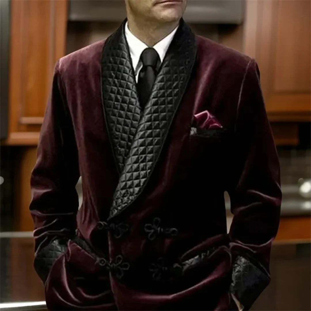 1 Pc Velvet Smoking Jacket with Mandarin Buttons Shawl Lapel Long Casual Business Blazer Male Fashion Coat