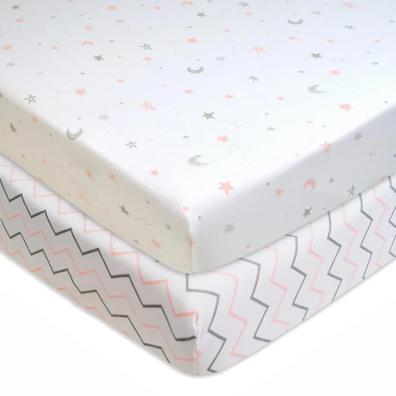 

2-Pack 100% Cotton Fitted Playard Sheets – 39"x27", Soft & Breathable For Boys & Girls, Pink Stars/Zigzag