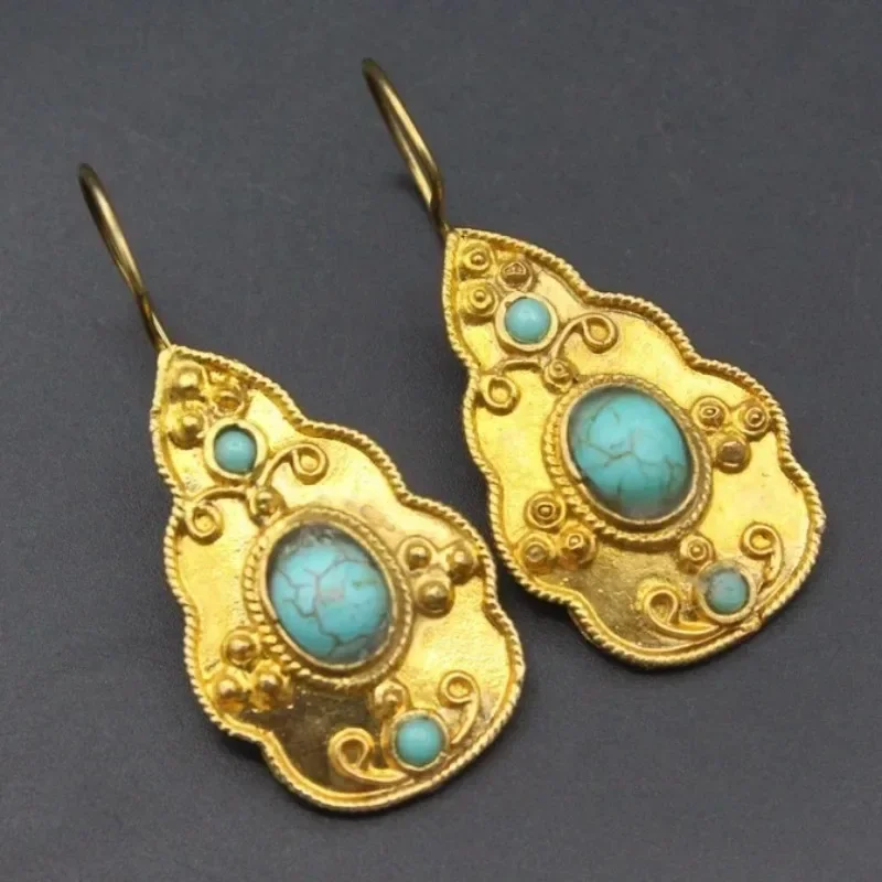 Vintage Court Gold Color Ornate Earrings for Women Creative Ethnic Style Imitation Turquoise Earrings Party Jewelry Gifts