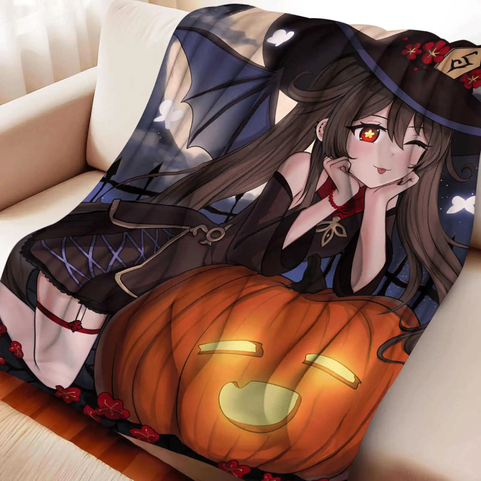 

Cartoon Genshin Impact Hutao Flannel Blanket Cover Warmth Soft Anime Blanket Multifunctional Decor Home Universal Blankets