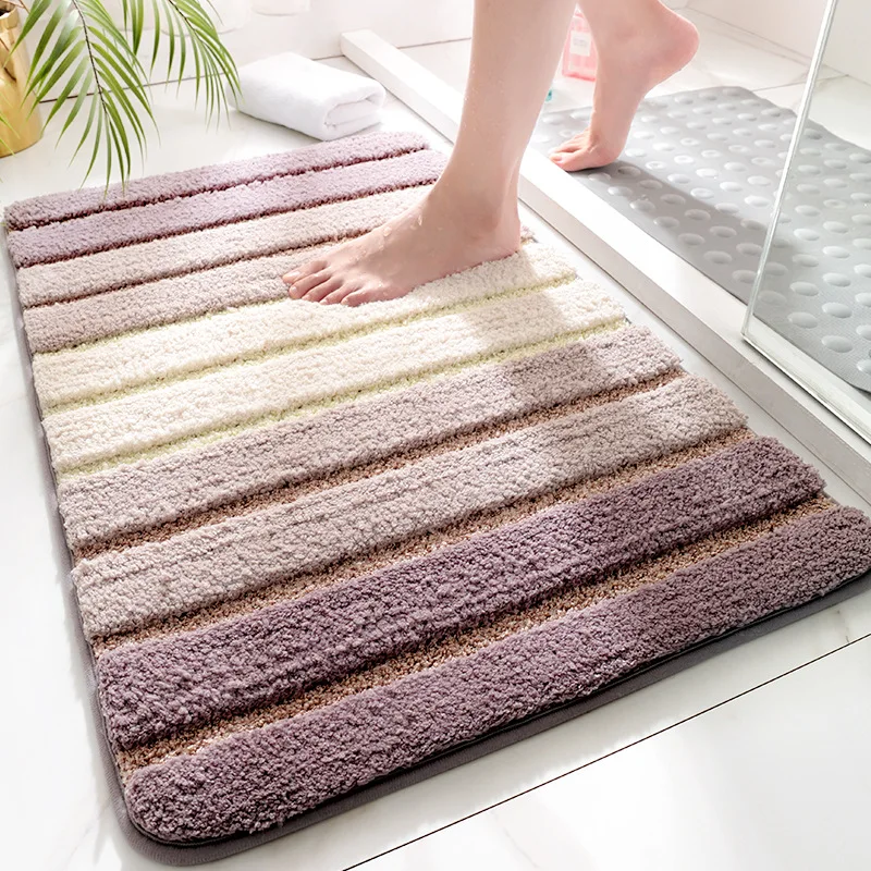 Simple Stripe Thicken Non-slip Bathroom Rug Large Capacity Super Absorbent Quick-drying Bath Carpet Entrance Door Flocked Rugs