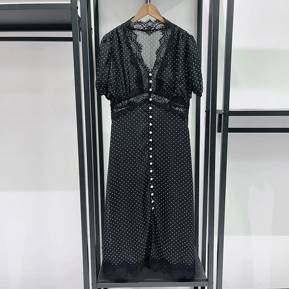 

Women's Black Polka Dot Lace Midi Dress 2026 Summer V Neck Puff Sleeve Button Front Elegant Party Casual A Line Dresses Y2k