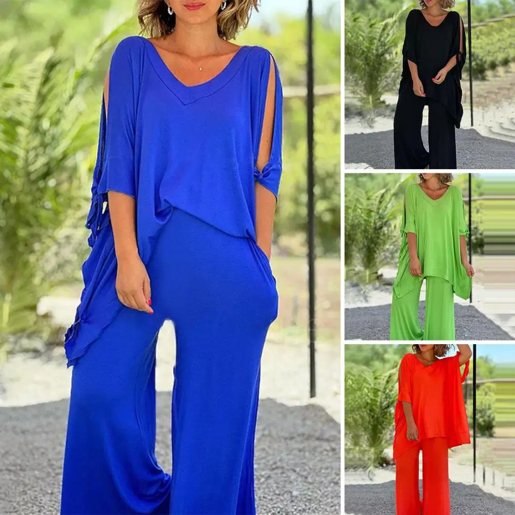 2Pcs/Set Lady Outfit Lace-up Half Sleeve T-shirt Wide Leg Long Pants Off Shoulder Pockets Office Outfit