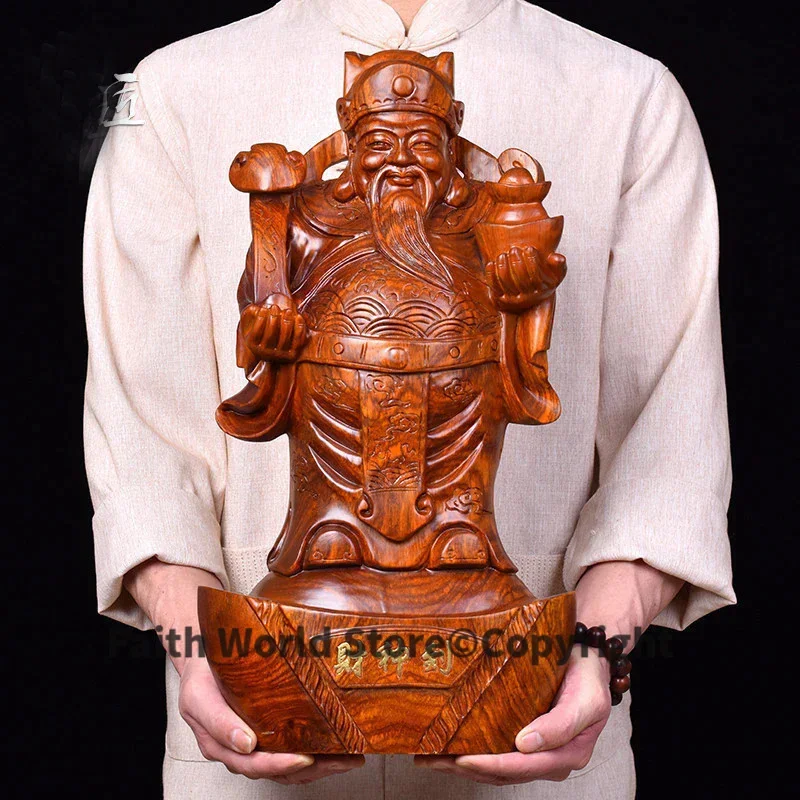 large HOME Company store bring in wealth making money The God of wealth Buddha Handmade Yellow pear wood carving God statue