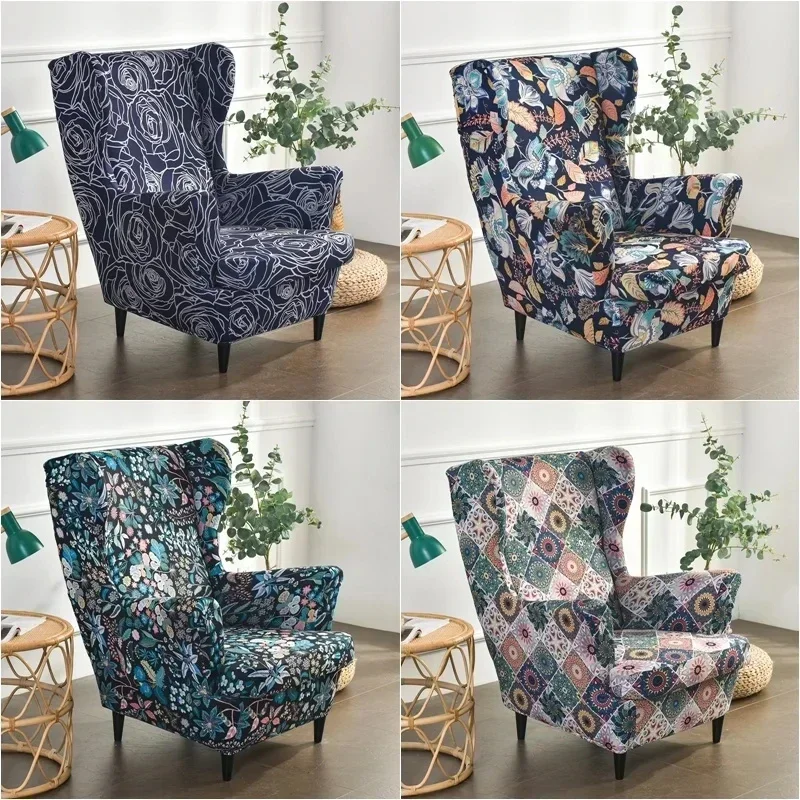 Flower Printed Wing Chair Cover Stretch Spandex Wingback Sofa Slipcovers Elastic Relax Armchair Covers with Seat Cushion Cover