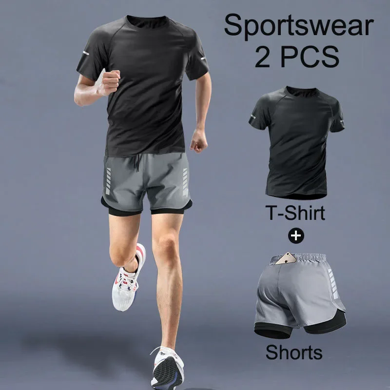 Mens Sportswear 2 PCS Tracksuit Elastic Running Sets Football Basketball Tennis Sport Fitness GYM Suits Workout Clothing
