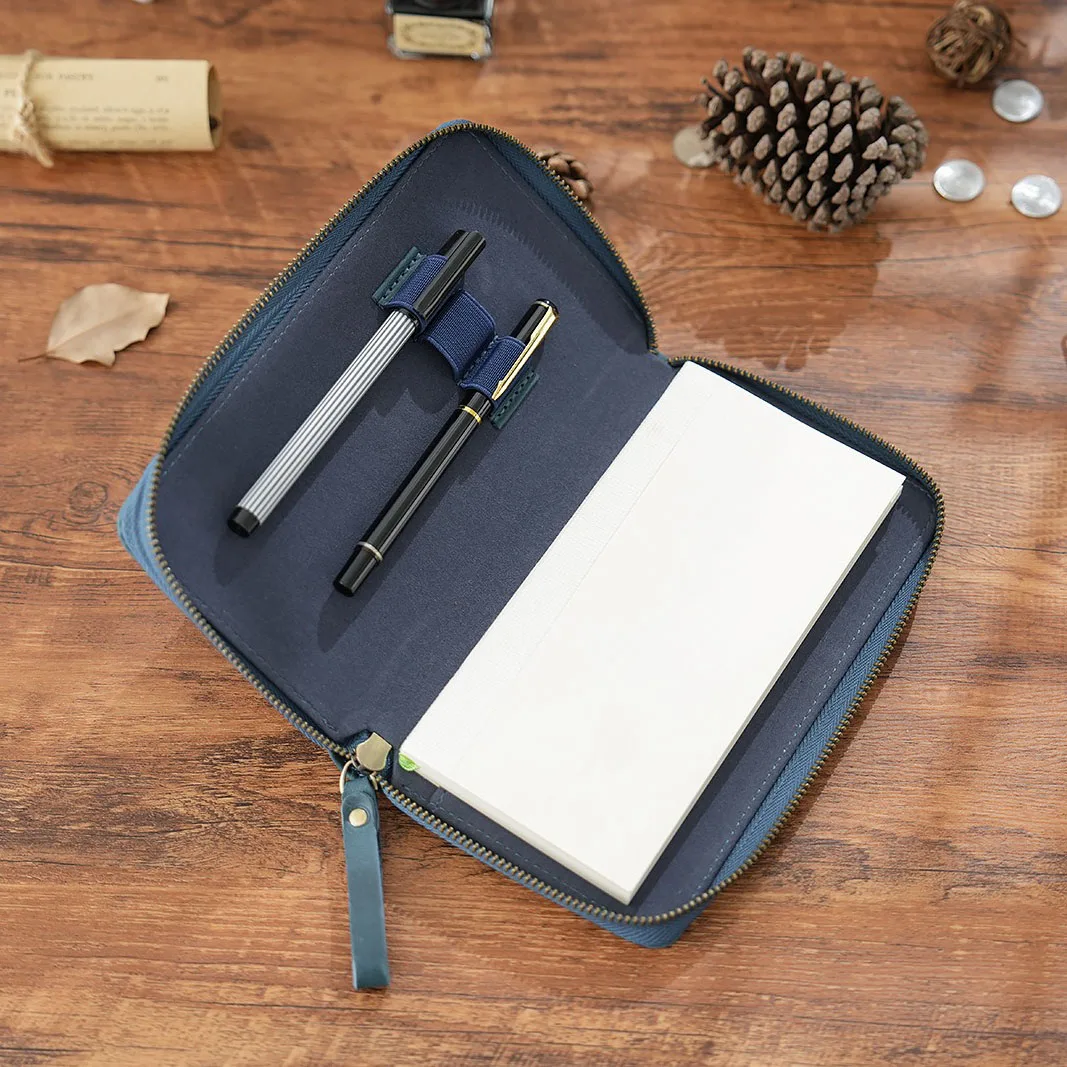 

Leather diary notebook cover for Weeks Size Planner with 3 Dividers Pen Slots, vintage notebook stationery Leather zipper bag
