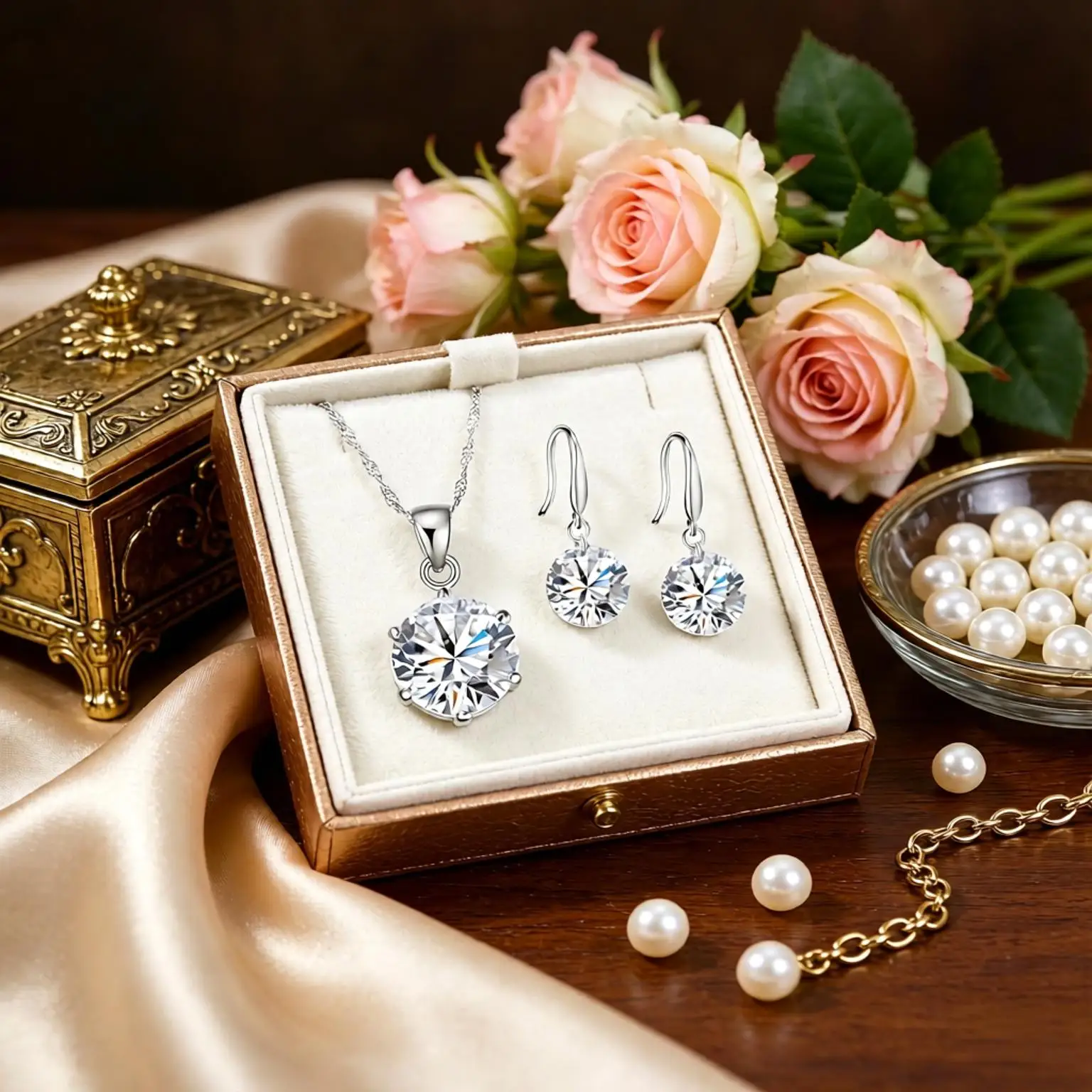 Classic 925 Sterling Silver 6 Claws Round Crystal Zircon Necklace Earrings Set For Women Girls Anniversary Party Jewelry Gift