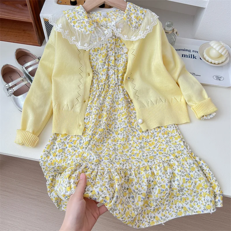 Kids Girls Clothes Cute Lace Floral Princess Dress + Knit Cardigan Two-piece Sets Toddler Girl French Dress Baby Girl Outfit Set