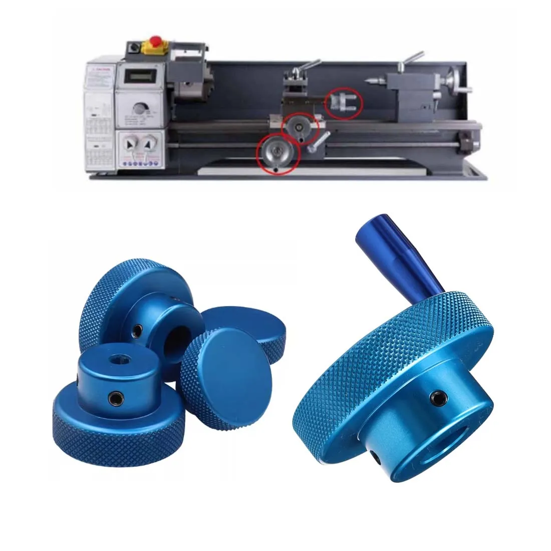 

Blue Aluminum alloy machine tool handwheel embossed round with handle knurled handwheel slide table screw mechanical handle
