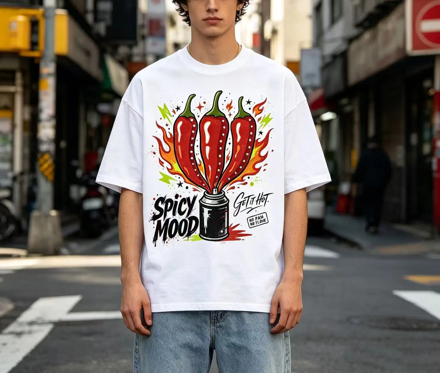 Unisex Spicy Mood Red Chili Pepper Fire Spray Can Graffiti Graphic T‑Shirt Men Women Street Hip‑Hop Slogan Print Oversized Crew Neck Cotton Tee