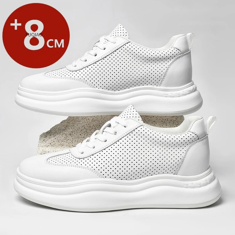 

8cm Invisible Height Increasing Men Sneakers Genuine Leather Hollow Out Design Summer Breathable Comfort Casual Elevator Shoes
