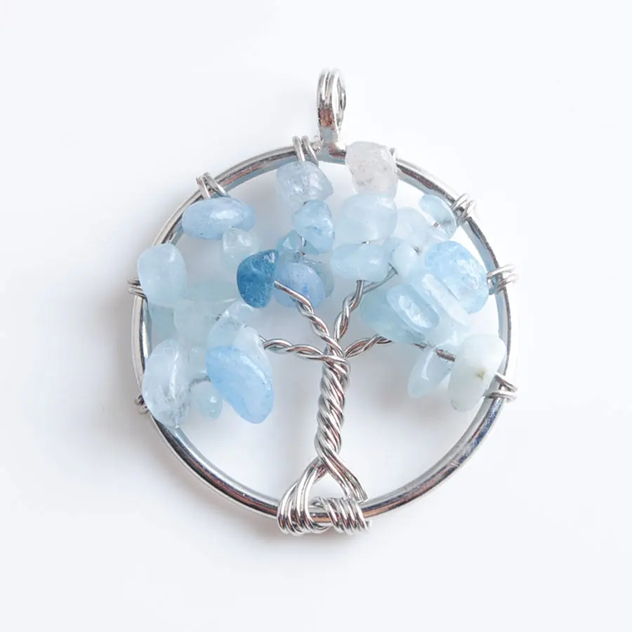 Round Wire Wrapped Tree of Life Pendant Natural Chakra Crystal Chip Healing Stone Charms Necklace Jewelry Accessories BM904