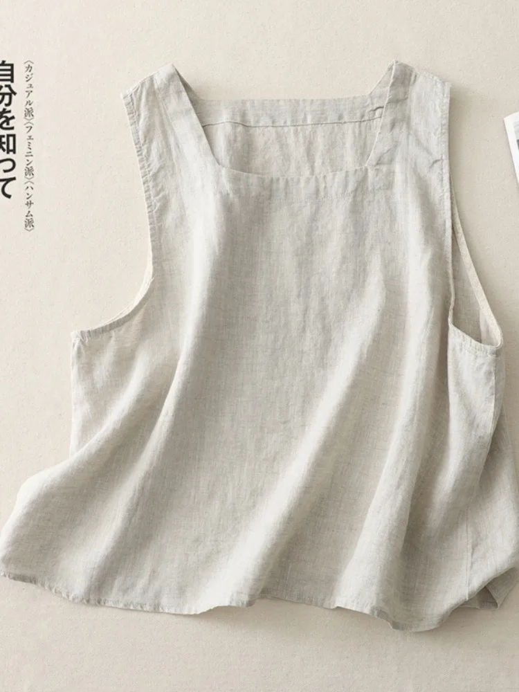 Japońska koszulka z bawełny i lnu na lato, luźna, cienka, z kwadratowym dekoltem, piękna, do noszenia pod ubraniem, cienka kamizelka do noszenia na zewnątrz.
