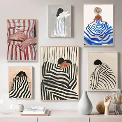 Fashion Watercolor Abstract Stripe Woman Poster Sleeping Figure Color Canvas Painting Trendy Wall Art for Living Room Home Decor