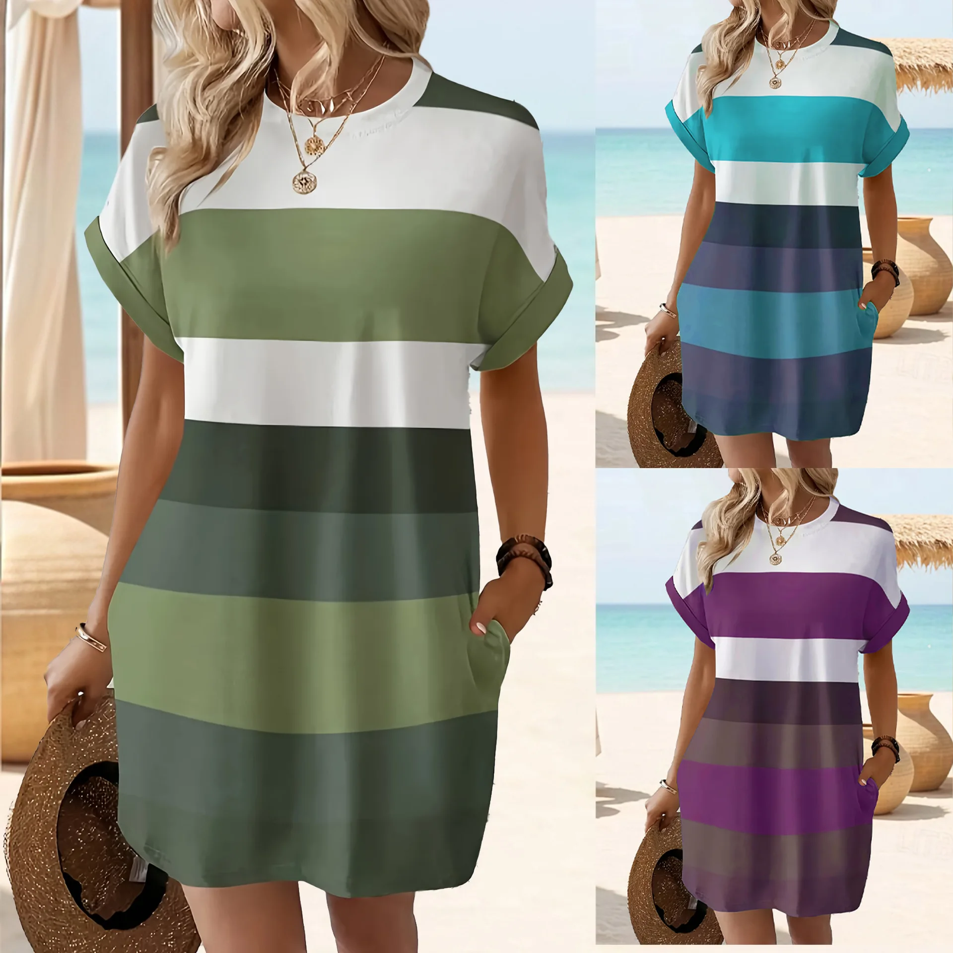 Women Slim Summer Strip Bow Loose Vintage Pocket Elegant Befree Dress Boho Plus Size Casual Party Party Midi Short Sleeve Dresse