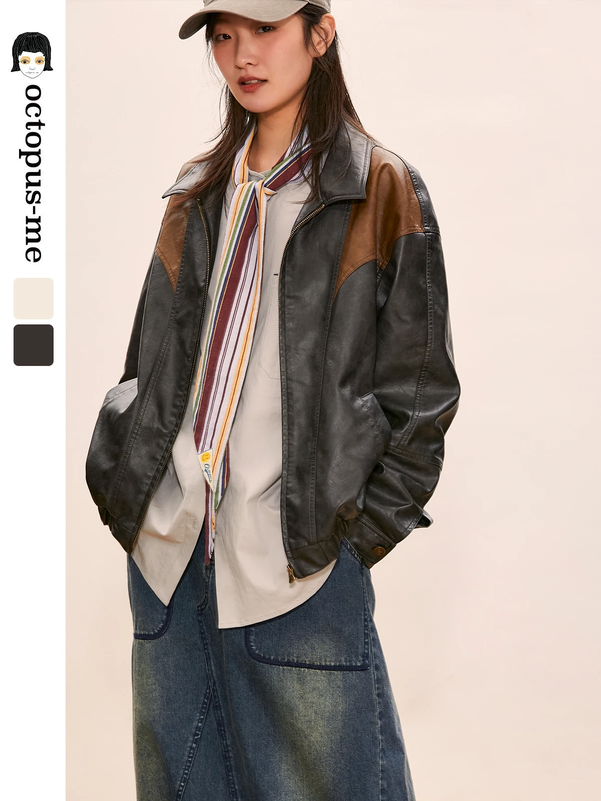 

Octopusme американский Sle ретро пара кожаный джет женский новый Bla мотоцикл высококачественный кожаный джет на молнии сращивание