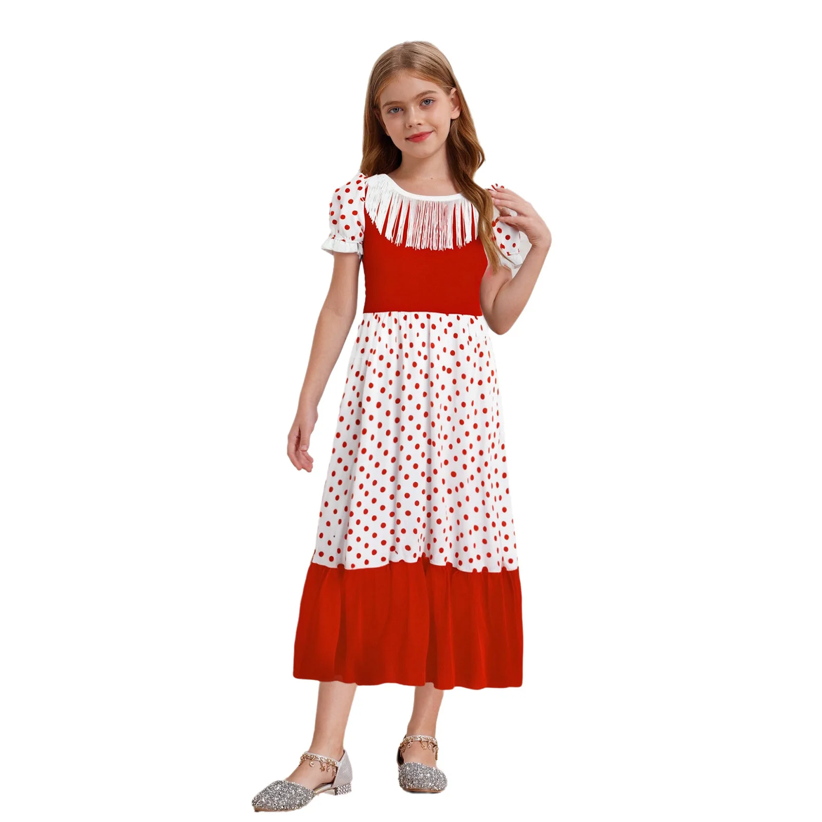Crianças meninas dança de flamenco halloween desempenho traje borlas mangas curtas puff pontos cor bloco vestido para palco mostrar festa