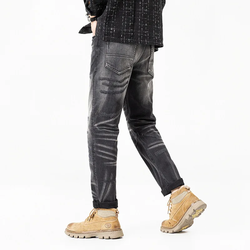 2025年秋新作 ヘビーウェイト 高級 レトロ スクラッチマークデザイン ジーンズ メンズ ノスタルジック ストレッチ ストレートパンツ