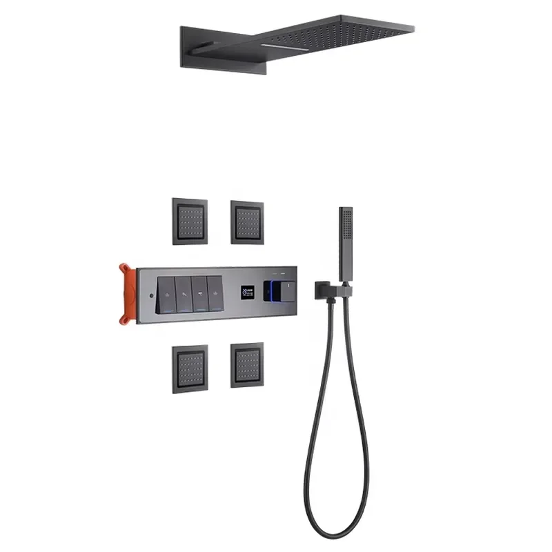 Black Wall Mount Thermostatic Mixer Bathroom Shower Faucet Set Rain Waterfall Mist Shower System with Jets