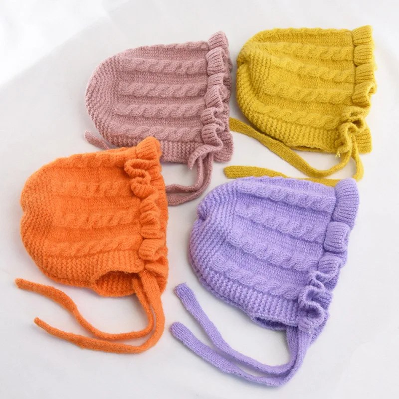 Winter Ear Protection Baby Hat Solid Warm Cotton Knitted Lacing Cap Ruffled Outdoor Woolen Hat Boy Girls Beanie Bonnet 6M-5Y