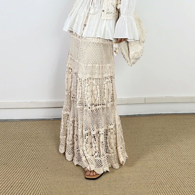 Bohemian Style 2025 New Arrival Summer Autumn Women Casual A-line Lace Hollow Out Ankle-length Skirt High Waist Skirts T269