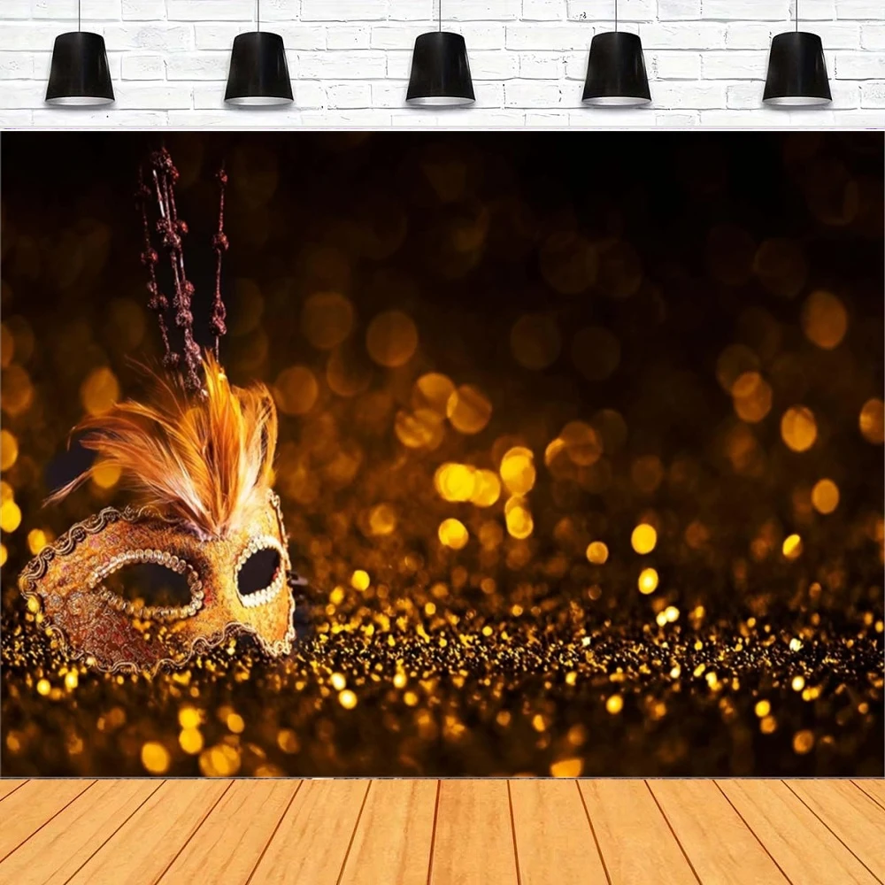 Mardi Gras Mask Photography Backdrop Carnival Festival Party Gold Mask Background Masquerade Party Decor Birthday Dancing Banner