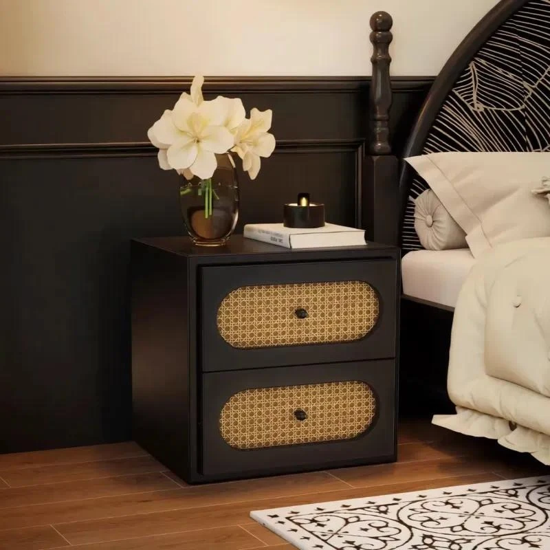 Medieval French Vintage Rattan Wooden Bedside Table Compact Small Bedroom Bedside Table