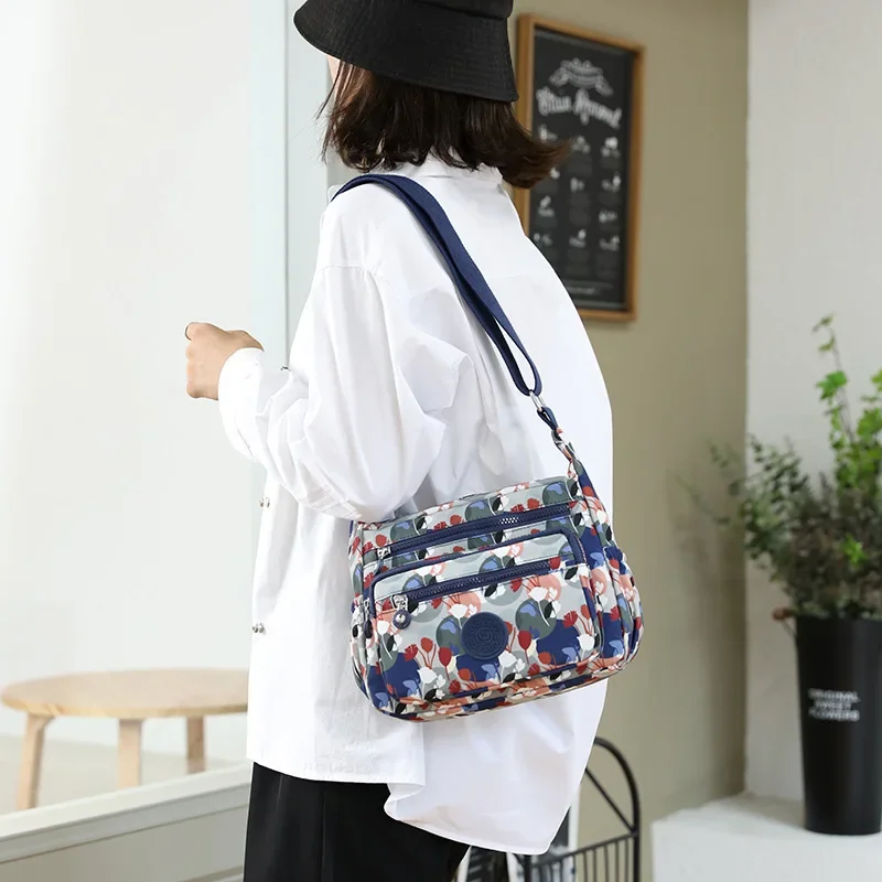 Casual Retro Nylon Shoulder Bag Multi Layered Floral Print Mother Handbag Women's Fashion Vintage Flower Crossbody Bags