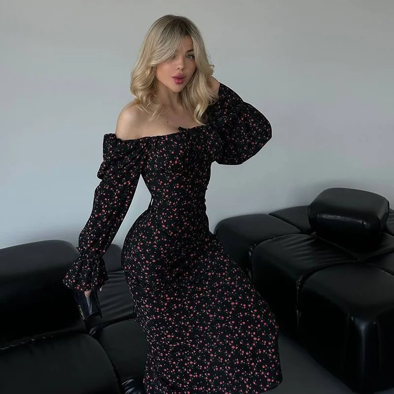 YJ24348 Herfst 2024 Nieuwe Stijl Bodycon Modieuze Lange Mouw Bloemen Stropdas Slim Fit Jurk Voor Vrouwen