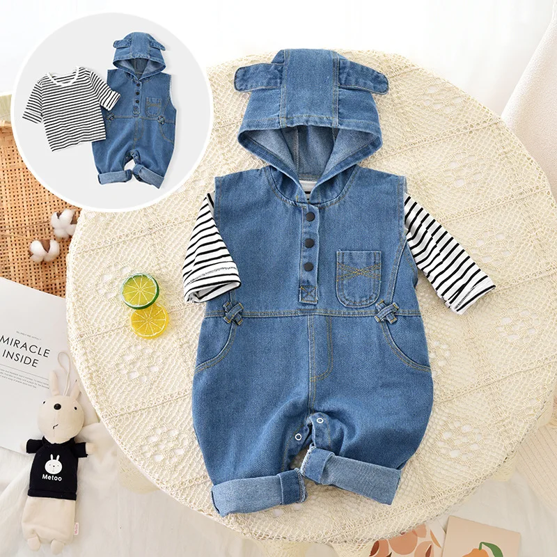 

MILANCEL 2Pcs New Autumn Baby Clothing Set 0-2Y Infant Denim Sleeveless Hooded Romper Striped Bottming Shirt Toddler Boys Outfit