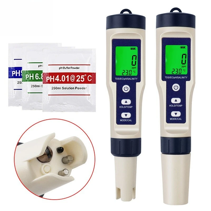 5-in-1 Water Quality Tester Pen Waterproof PH Salinity TDS EC Temperature Meter High Precision Seawater Aquarium Analyzer