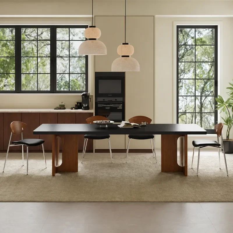 Simple Retro Black Rock Slab Rectangular Dining Table and Chair Set French Solid Wood Home Furniture
