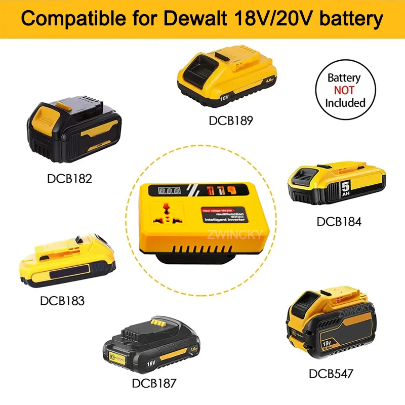 Convertitore di potenza DC 18V a 220V Adattatore inverter Convertitore di alimentazione per elettrodomestici per Makita/Dewalt/Milwaukee Campo all'aperto