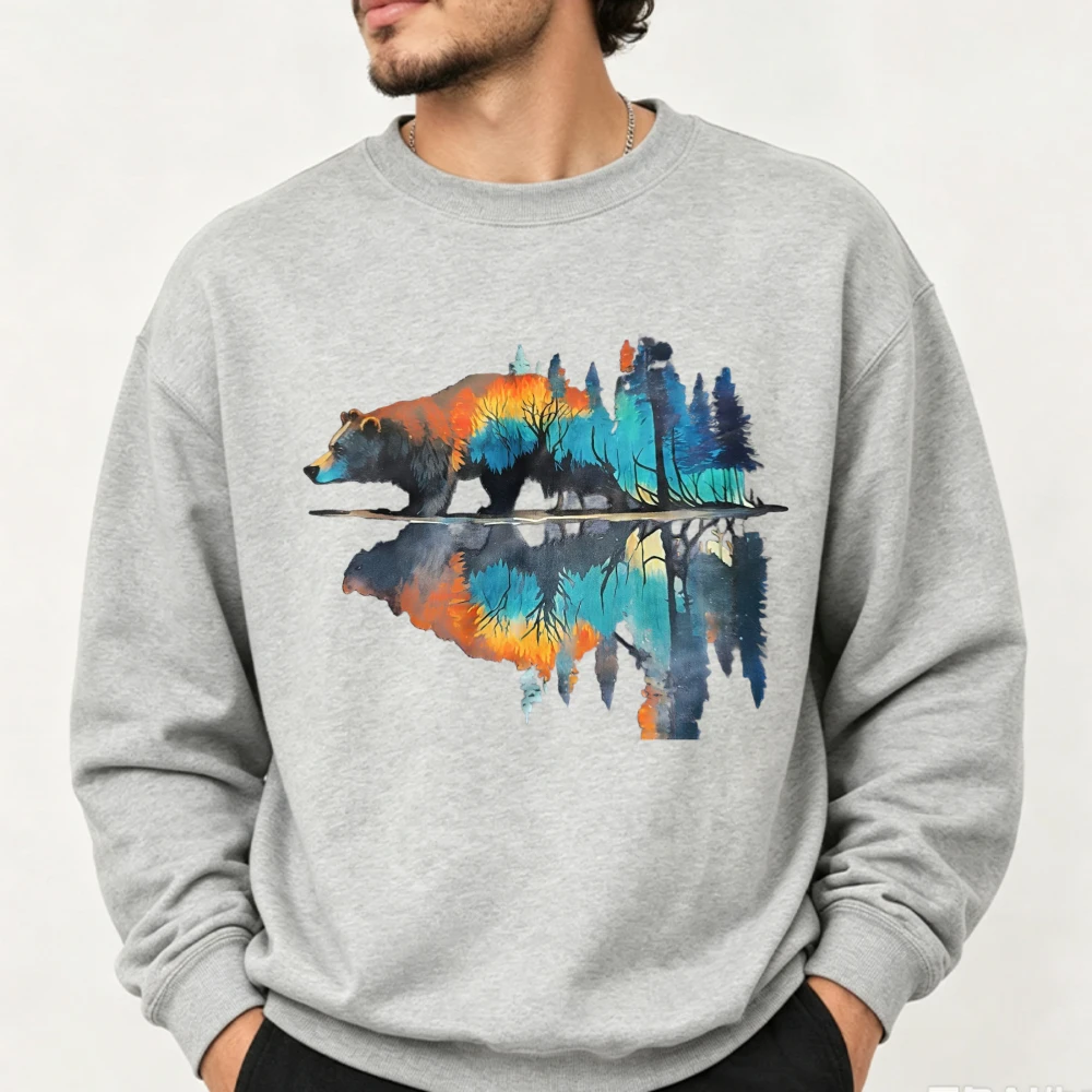Watercolor Bear Forest Reflection Graphic Sweatshirt Nature Wildlife Outdoor Hiking Mountain Print Adventure Casual Pullover Top