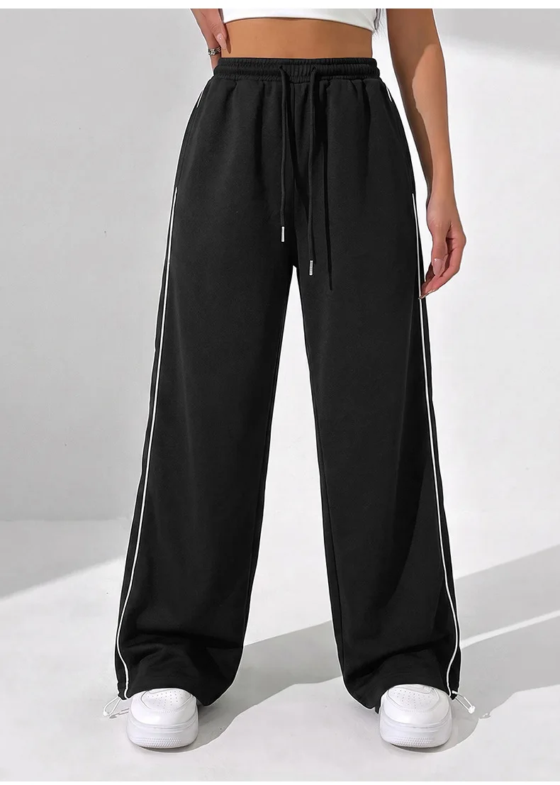 Damen-Sporthose mit weitem Bein, doppelseitigen Streifen und Kordelzug, lockere Hose für Fitness, Laufen, Freizeit, hohe Dehnbarkeit, sportliche Hose – Detail 6