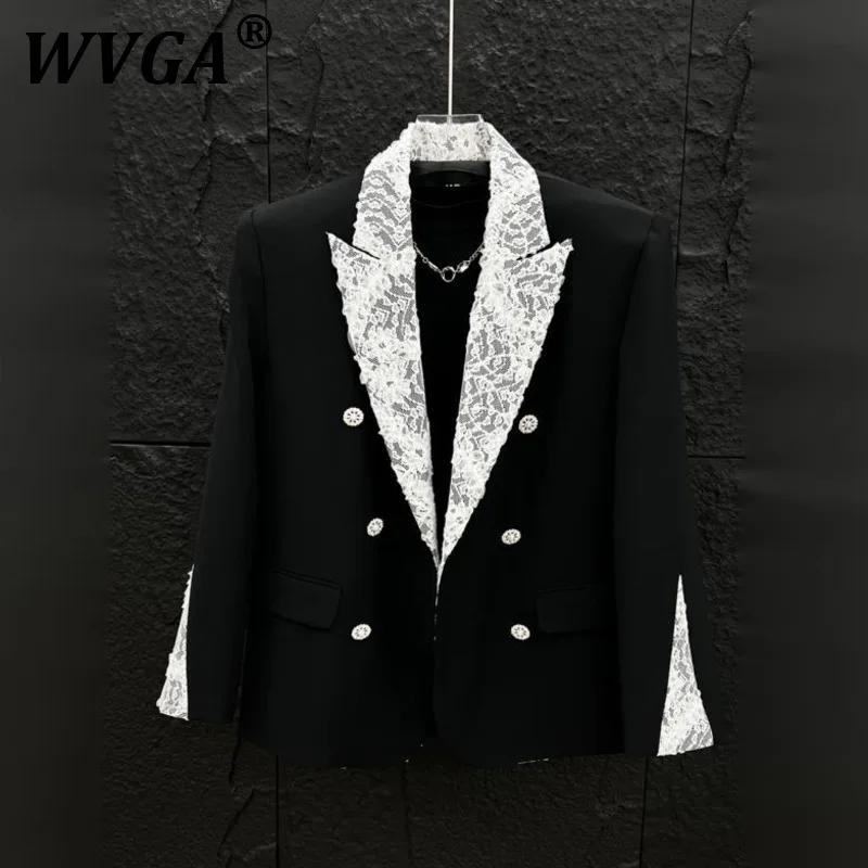 

WVGA Spring Autumn New Man Tide Spliced Lace Double-Breaste Long Sleeve Blazer Niche Chic Casual Padded Shoulder Suit-Coat W9267