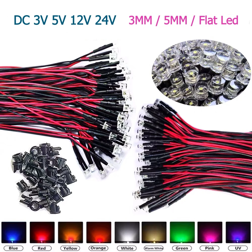 

10/20/50/100PCS Light-Emitting Diode 3V-24V 3mm/5mm LED Flat Head Transparent Astigmatism With Wire LED Light Signal Pilot Lamp