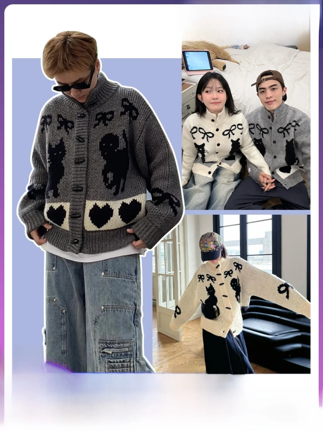 Couples Knitted Sweater Coat High Collar Men's Sle  And Dog Pattern Long Sve Woolen Open Cardigan Korean Sle Loose Fit