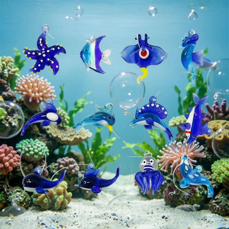 Floating Glass Marine Animal Pendant Aquarium Decor Mini Dolphin Seahorse Killer Whale Shark Octopus Sea Star Fish Seal Ornament