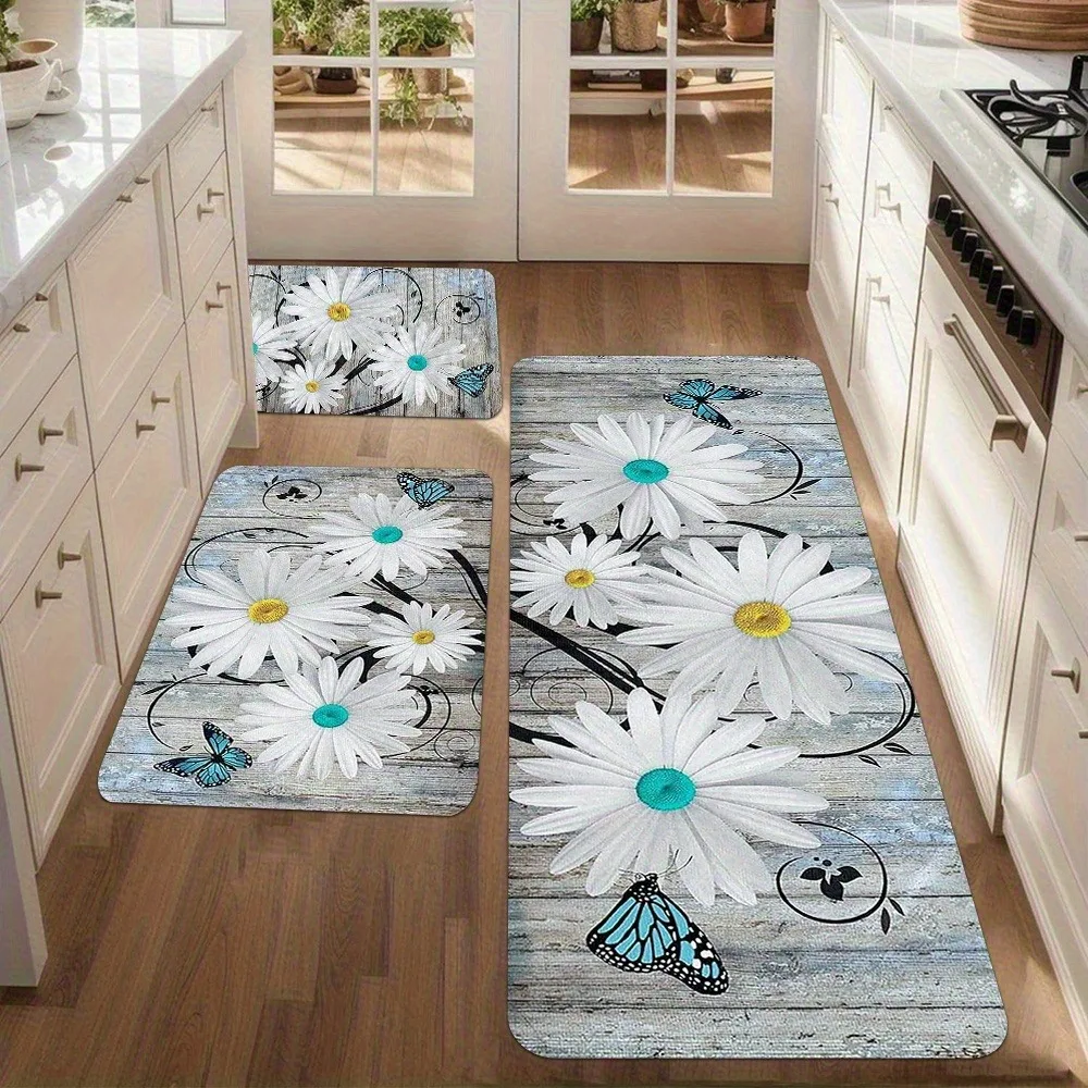 1PC Daisiea & Butterflies Kitchen Rug Non-Slip Door Mat Pop design Bathroom Rug Bath Mat Carpet for Home Sink Laundry Decor