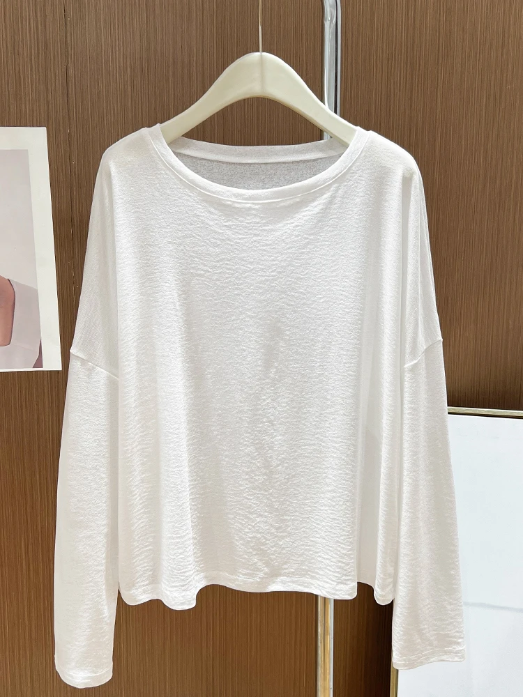 

Белая вязаная накидка из ледяного шелка для женщин, летняя повседневная свободная тонкая футболка с длинным рукавом, полупрозрачный сексуальный топ