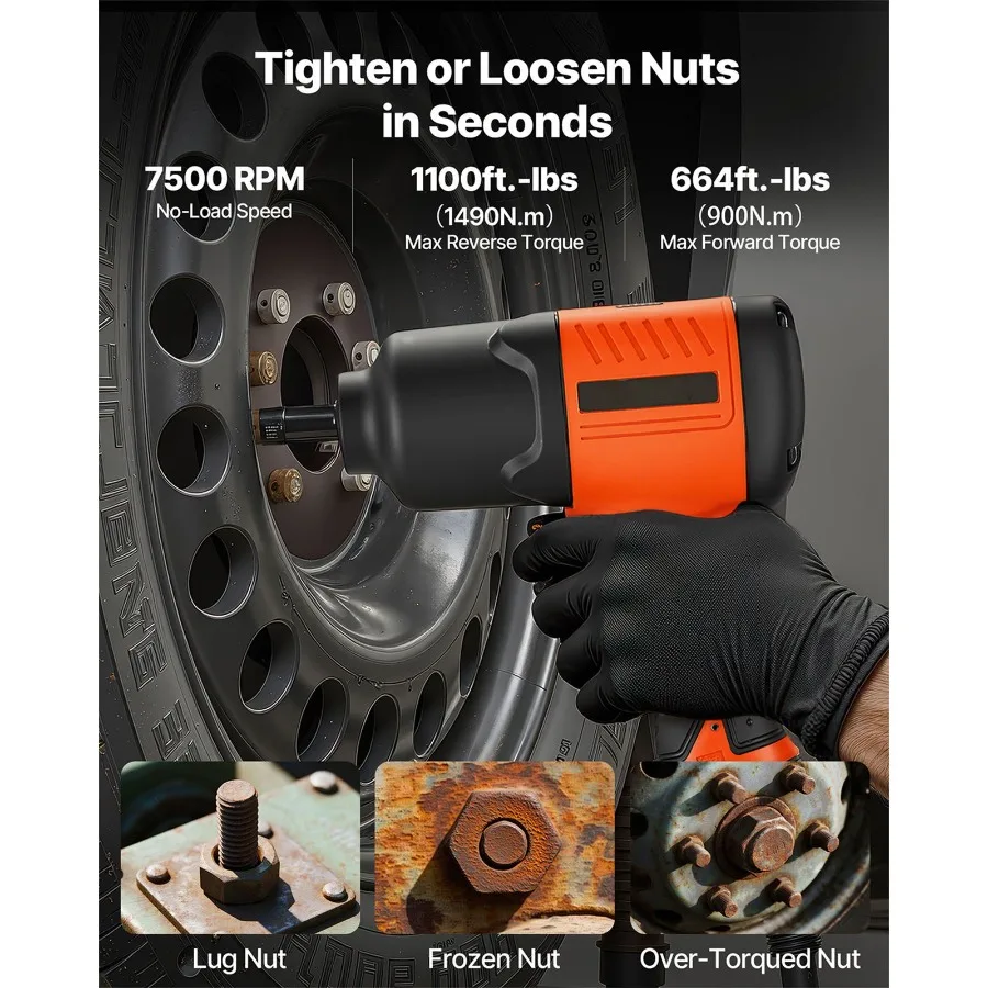 Air Impact Wrench 1/2 Drive Pneumatic Tool Up to 1100 ft-lbs Reverse Torque 7500RPM 4-Speed Adjustable Lightweight for Auto Rep
