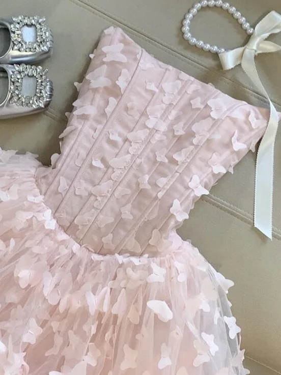 Women Strapless Pink Dress Summer Sweet Butterfly Mesh Mini Dress Slim Elegant Fairy Style Layered Ruffle Skirt Princess Outfits