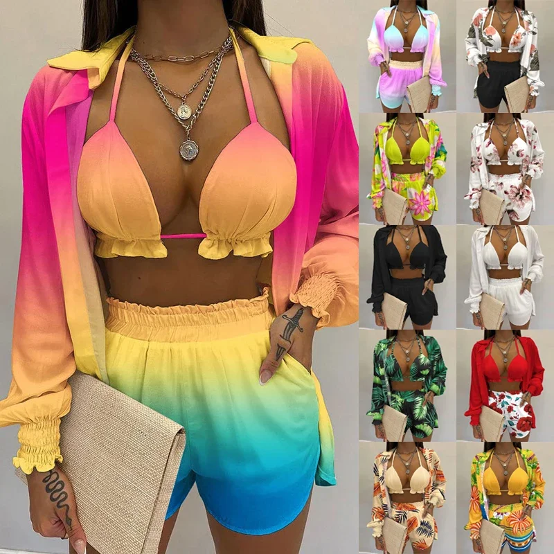 Conjunto de maiô biquíni dividido de três peças para mulheres, impressão gradiente, manga comprida, camisa de lapela, sutiã e shorts, festa na praia