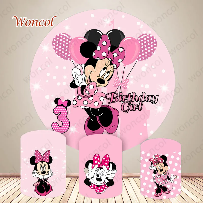 

Disney Minnie Mouse Round Cover 3rd Girls Birthday Baby Shower Backdrop Minnie Mouse Cylinder Cover Party Decor Photo Prop