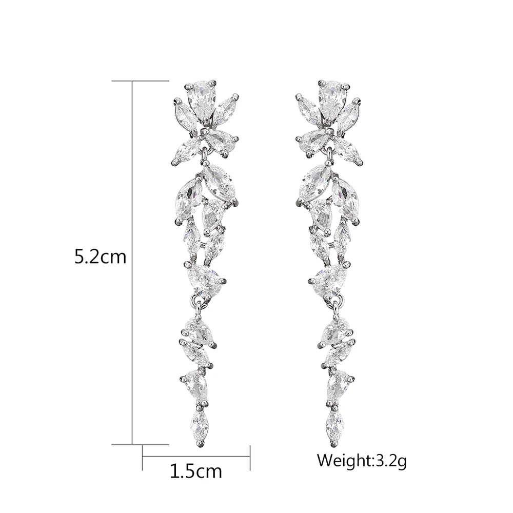 ZAKOL Elegant Shiny AAA Zircon Sliver Color Long Drop Earrings Gorgeous Bridal Wedding Party Jewelry